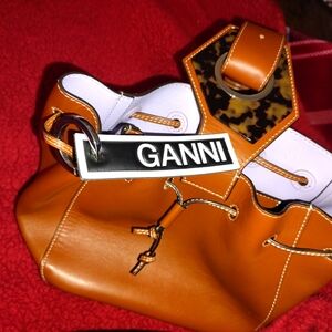 Ganni Tan Leather Drawstring Tote with Tortoiseshell Strap Detail